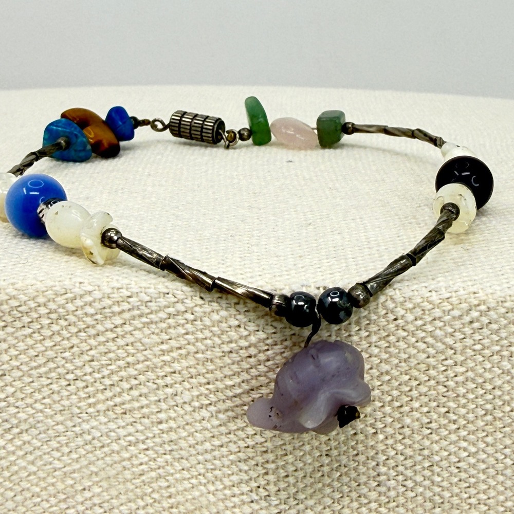 Vintage Fetish Bracelet Liquid Silver Carved Elephant Bear Fish Turtle